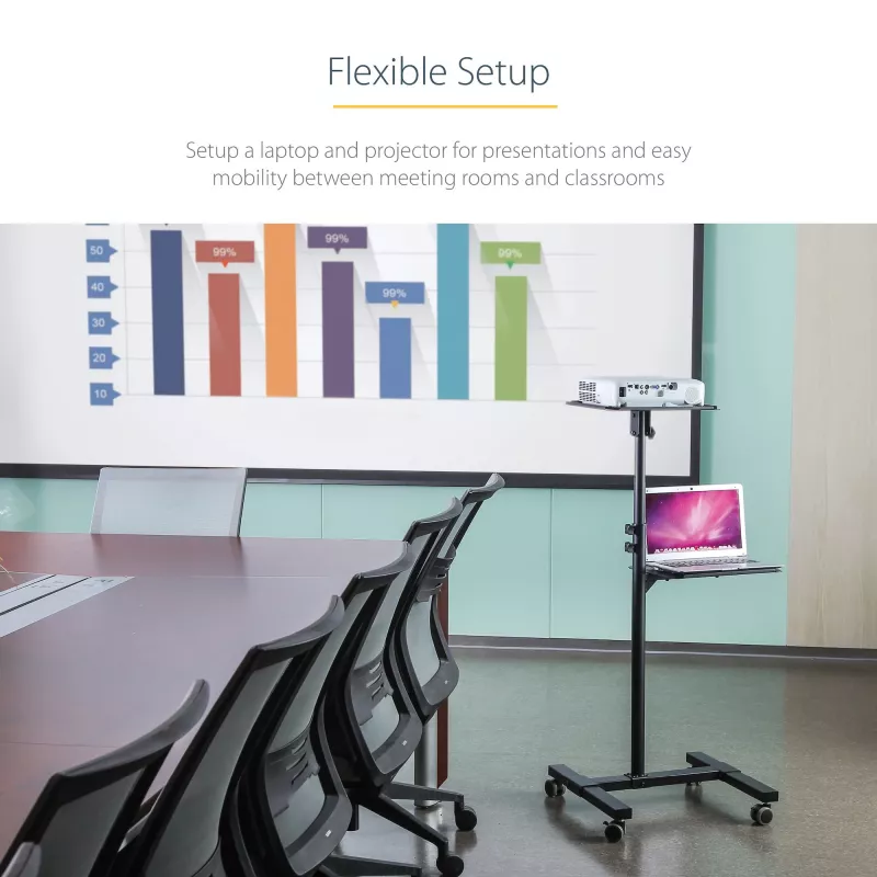 StarTech.com Mobiele projector- en laptopstandaard/wagen – robuuste draagbare projectorstandaard (2 plateaus, elk 10 kg belastbaar) – in hoogte verstelbare rolwagen voor presentaties met vergrendelbare wielen