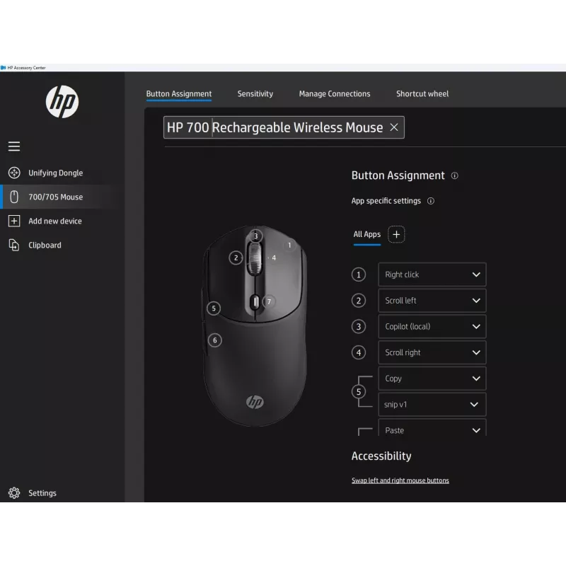 HP 700 oplaadbare draadloze muis, voor beide handen, RF Wireless + Bluetooth, 6000 DPI, zwart