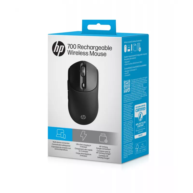 HP 700 oplaadbare draadloze muis, voor beide handen, RF Wireless + Bluetooth, 6000 DPI, zwart