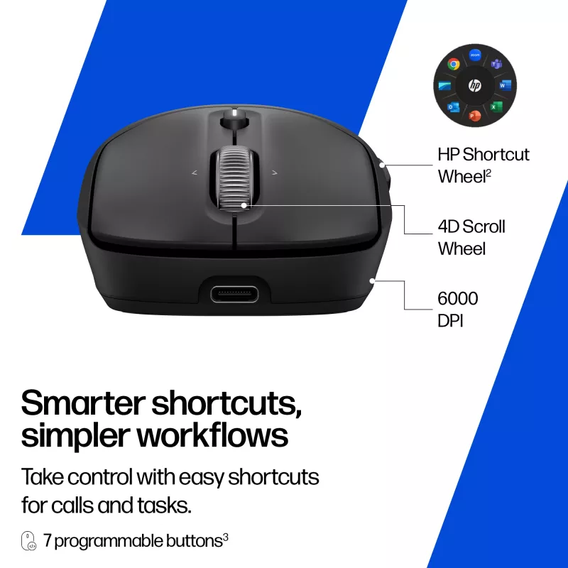 HP 700 oplaadbare draadloze muis, voor beide handen, RF Wireless + Bluetooth, 6000 DPI, zwart