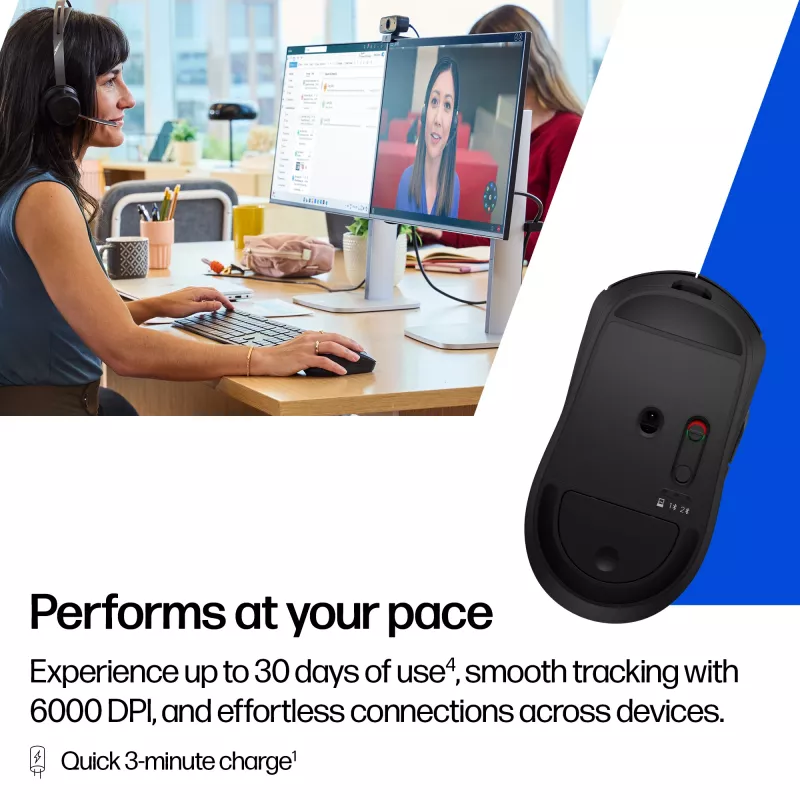 HP 700 oplaadbare draadloze muis, voor beide handen, RF Wireless + Bluetooth, 6000 DPI, zwart