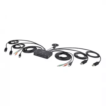 StarTech.com 2-poorts dual-monitor DisplayPort-kabel-KVM-switch, 4K 60Hz, compacte KVM-switch met geïntegreerde 1,5 m USB-A-/DisplayPort-/audiokabels, busgevoed – omschakelen via afstandsbedieningstoets/hotkeys