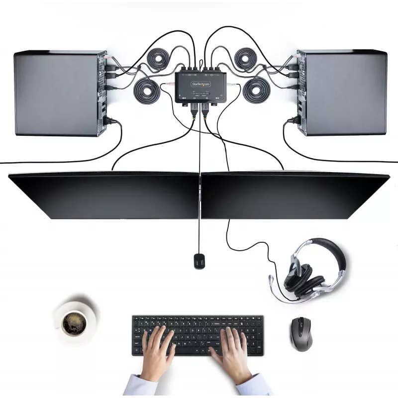 StarTech.com 2-poorts dual-monitor DisplayPort-kabel-KVM-switch, 4K 60Hz, compacte KVM-switch met geïntegreerde 1,5 m USB-A-/DisplayPort-/audiokabels, busgevoed – omschakelen via afstandsbedieningstoets/hotkeys