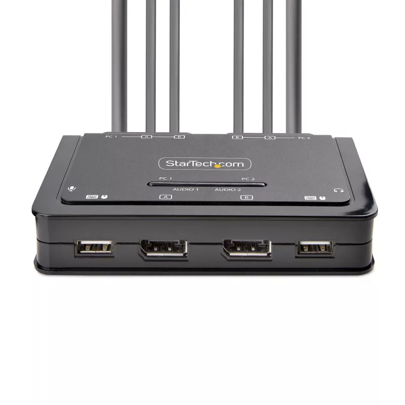 StarTech.com 2-poorts dual-monitor DisplayPort-kabel-KVM-switch, 4K 60Hz, compacte KVM-switch met geïntegreerde 1,5 m USB-A-/DisplayPort-/audiokabels, busgevoed – omschakelen via afstandsbedieningstoets/hotkeys