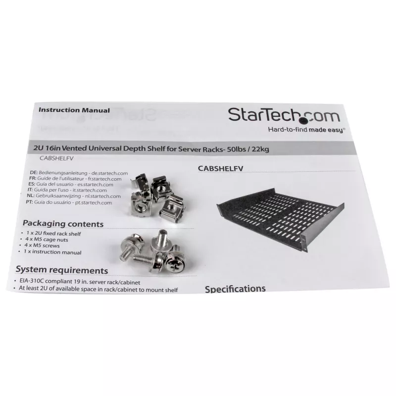 StarTech.com 2U serverrack-legbord – universele geventileerde rack-mount cantilever-legbord voor 19-inch netwerkapparatuurrack en -kast – hoogbelastbaar staal – draagvermogen 23 kg – 16 inch diep legbord, zwart