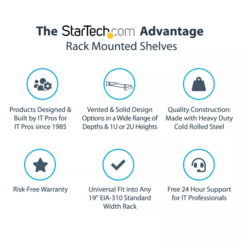 StarTech.com 2U serverrack-legbord – universele geventileerde rack-mount cantilever-legbord voor 19-inch netwerkapparatuurrack en -kast – hoogbelastbaar staal – draagvermogen 23 kg – 16 inch diep legbord, zwart