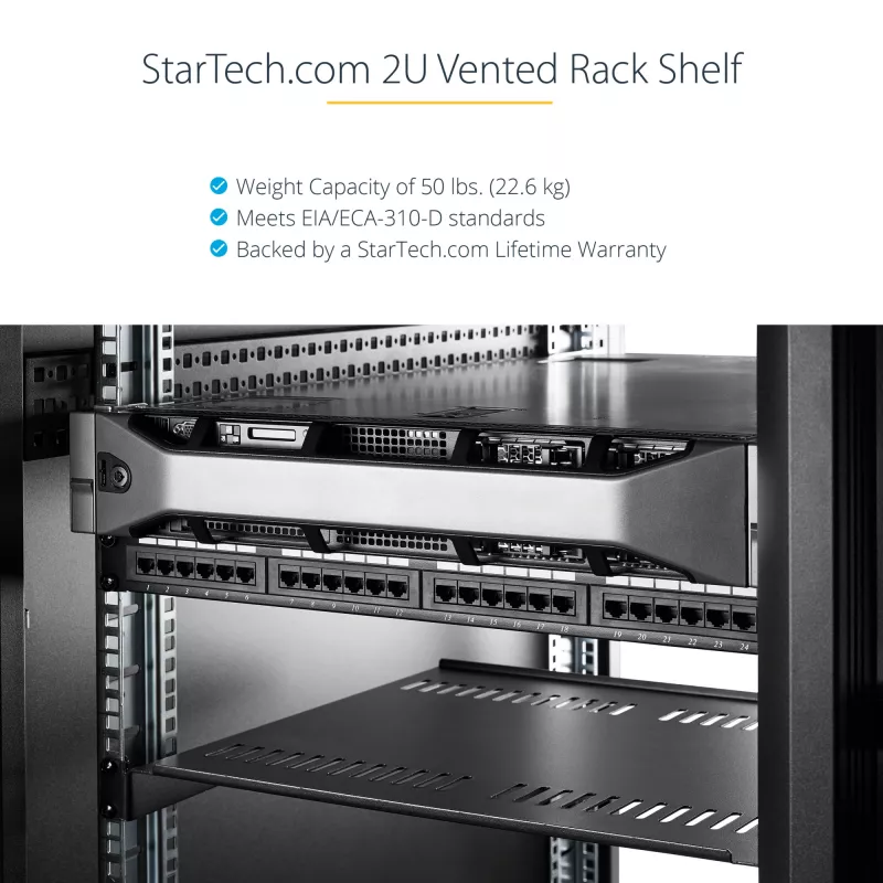 StarTech.com 2U serverrack-legbord – universele geventileerde rack-mount cantilever-legbord voor 19-inch netwerkapparatuurrack en -kast – hoogbelastbaar staal – draagvermogen 23 kg – 16 inch diep legbord, zwart