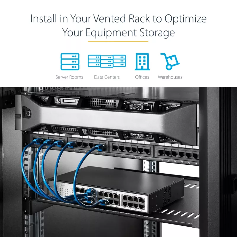 StarTech.com 2U serverrack-legbord – universele geventileerde rack-mount cantilever-legbord voor 19-inch netwerkapparatuurrack en -kast – hoogbelastbaar staal – draagvermogen 23 kg – 16 inch diep legbord, zwart