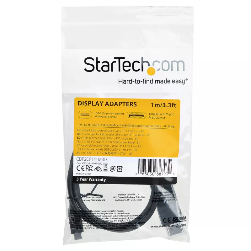 StarTech.com 1 m USB-C naar DisplayPort 1.4 kabel 8K 60 Hz/4K – bidirectionele DP naar USB-C of USB-C naar DP omkeerbare videoadapterkabel – HBR3/HDR/DSC – USB Type-C/Thunderbolt monitorkabel