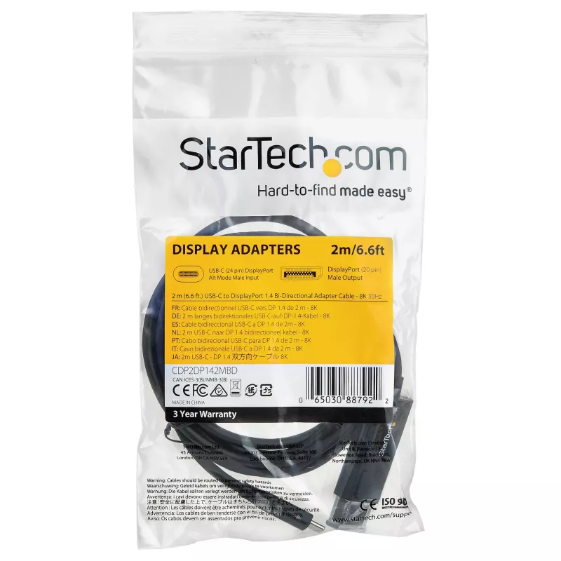 StarTech.com 2m USB-C naar DisplayPort 1.4 kabel 8K 60Hz/4K - bidirectionele DP naar USB-C of USB-C naar DP omkeerbare videoadapterkabel - HBR3/HDR/DSC - USB Type-C/Thunderbolt 3 monitorkabel (CDP2DP142MBD)