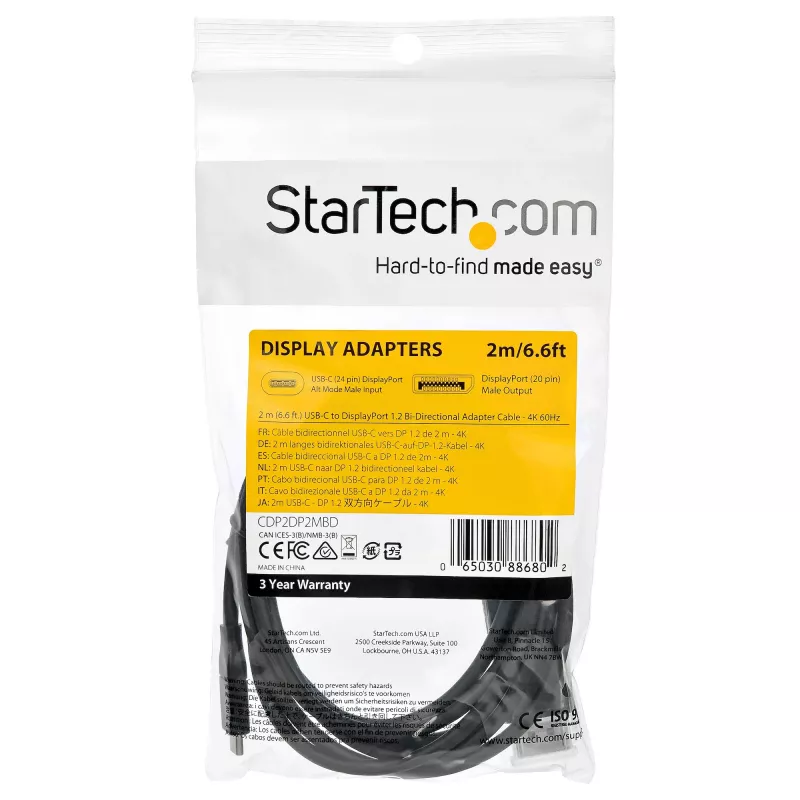 StarTech.com 6.6ft (2m) USB C naar DisplayPort 1.2 kabel 4K 60Hz - bidirectionele DP naar USB-C of USB-C naar DP omkeerbare video-adapterkabel - HBR2/HDR - USB Type C/Thunderbolt monitorkabel