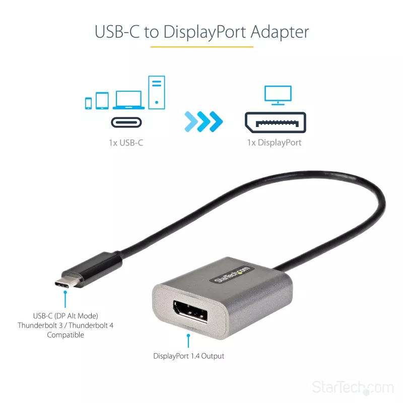 StarTech.com USB-C-naar-DisplayPort-adapter – 8K/4K 60Hz USB-C-naar-DisplayPort-1.4-adapter-dongle – USB Type-C-naar-DP-monitor-videoconverter – compatibel met Thunderbolt 3 – met 30 cm lang, vast kabel