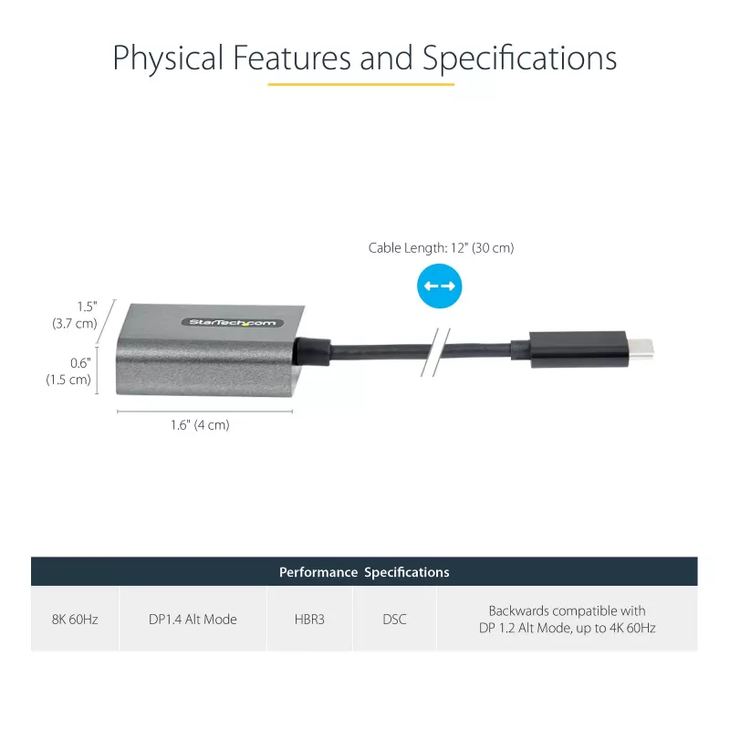StarTech.com USB-C-naar-DisplayPort-adapter – 8K/4K 60Hz USB-C-naar-DisplayPort-1.4-adapter-dongle – USB Type-C-naar-DP-monitor-videoconverter – compatibel met Thunderbolt 3 – met 30 cm lang, vast kabel
