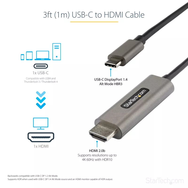 StarTech.com 0,91 m USB-C-naar-HDMI-kabel 4K 60 Hz met HDR10 – Ultra HD USB Type-C-naar-4K-HDMI-2.0b-videoadapterkabel – USB-C-naar-HDMI-HDR-monitor-/display-converter – DP 1.4 Alt Mode HBR3