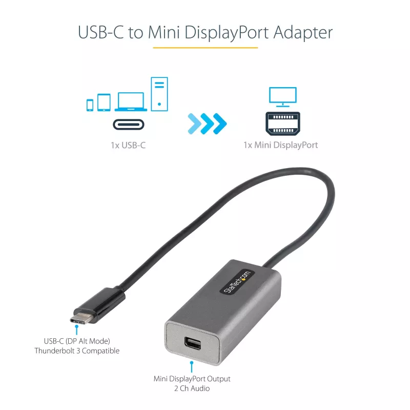StarTech.com USB-C naar Mini DisplayPort adapter – 4K 60Hz USB-C naar mDP adapter dongle – USB Type-C naar Mini DP monitor – videoconverter – compatibel met Thunderbolt 3 – 30 cm lang, vast kabel – bijgewerkte versie van CDP2MDP