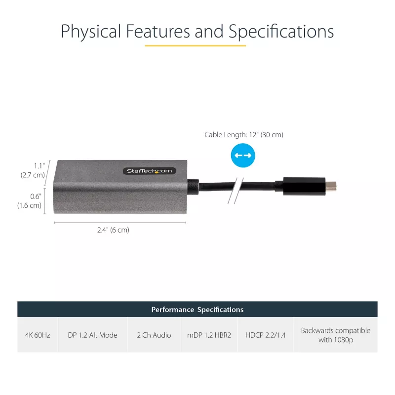 StarTech.com USB-C naar Mini DisplayPort adapter – 4K 60Hz USB-C naar mDP adapter dongle – USB Type-C naar Mini DP monitor – videoconverter – compatibel met Thunderbolt 3 – 30 cm lang, vast kabel – bijgewerkte versie van CDP2MDP