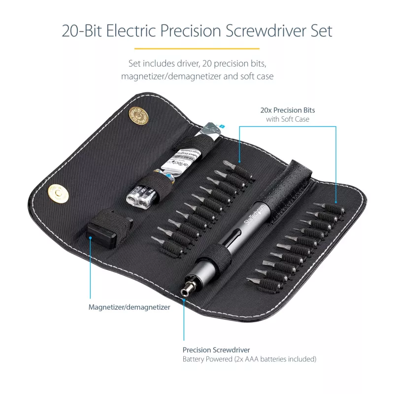 StarTech.com 20-bits elektrische precisie-schroevendraaierset - draagbare/mini accu-aangedreven bit-schroevendraaierkit voor reparaties aan elektronica, laptops, computers, tablets en telefoons - magnetisch - draadloos