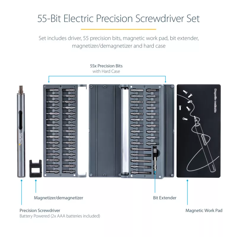 StarTech.com 55-bits elektrische precisie-schroevendraaierset - draagbare draadloze accu-aangedreven bit-schroevendraaierset voor elektronica-, laptop-, computer-, tablet- en telefoonreparaties - magnetische werkmat