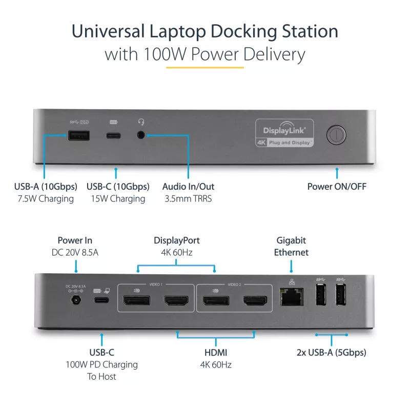 StarTech.com universele laptop-dockingstation, hybride USB-C- & USB-A-dock, dual 4K DP & HDMI, 100W PD, Mac / Windows / Chrome OS, 4x USB 5Gbps hub, GbE