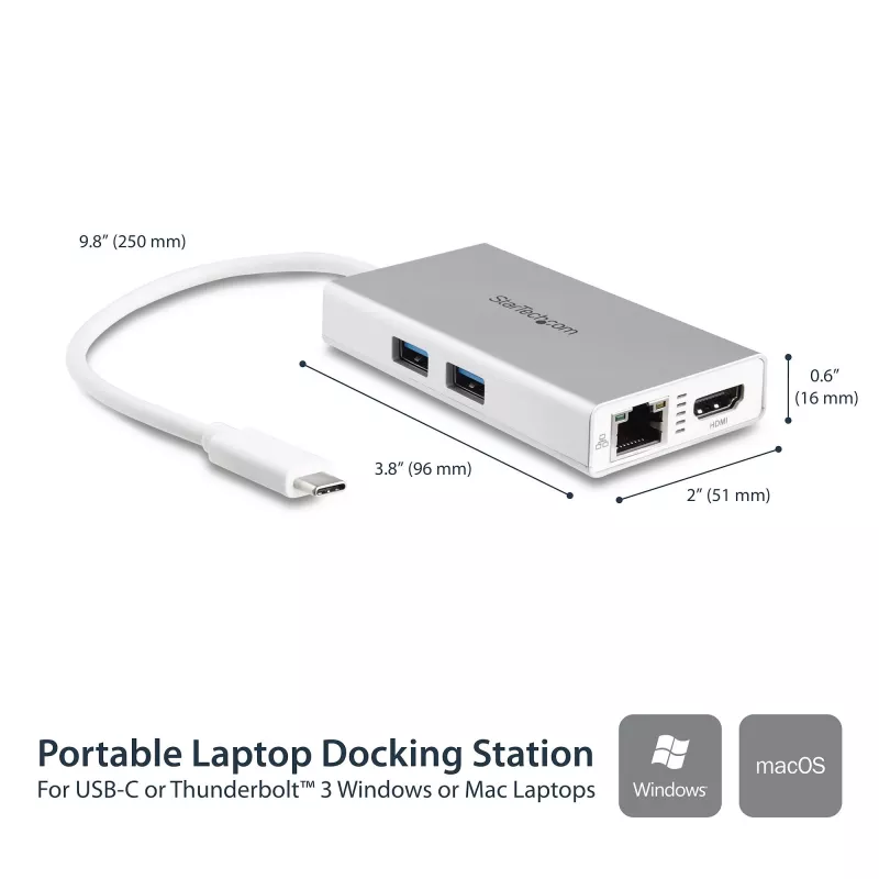 StarTech.com USB-C multipoort-adapter – USB-C travel-dockingstation met 4K HDMI – 60 W Power Delivery Pass-Through, GbE, 2-poorts USB-A 3.0 hub – draagbare mini-USB Type-C dock voor laptop – wit