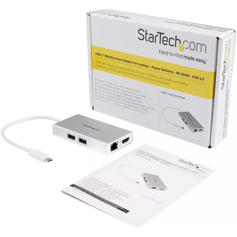 StarTech.com USB-C multipoort-adapter – USB-C travel-dockingstation met 4K HDMI – 60 W Power Delivery Pass-Through, GbE, 2-poorts USB-A 3.0 hub – draagbare mini-USB Type-C dock voor laptop – wit