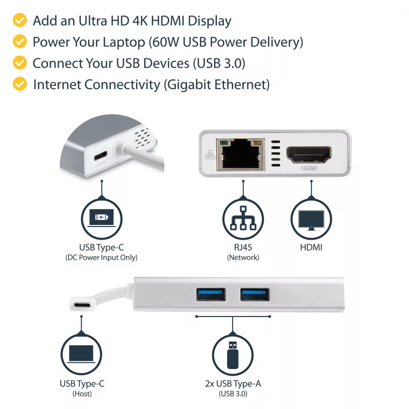 StarTech.com USB-C multipoort-adapter – USB-C travel-dockingstation met 4K HDMI – 60 W Power Delivery Pass-Through, GbE, 2-poorts USB-A 3.0 hub – draagbare mini-USB Type-C dock voor laptop – wit
