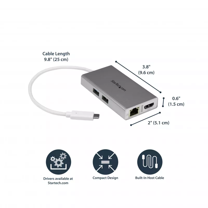StarTech.com USB-C multipoort-adapter – USB-C travel-dockingstation met 4K HDMI – 60 W Power Delivery Pass-Through, GbE, 2-poorts USB-A 3.0 hub – draagbare mini-USB Type-C dock voor laptop – wit