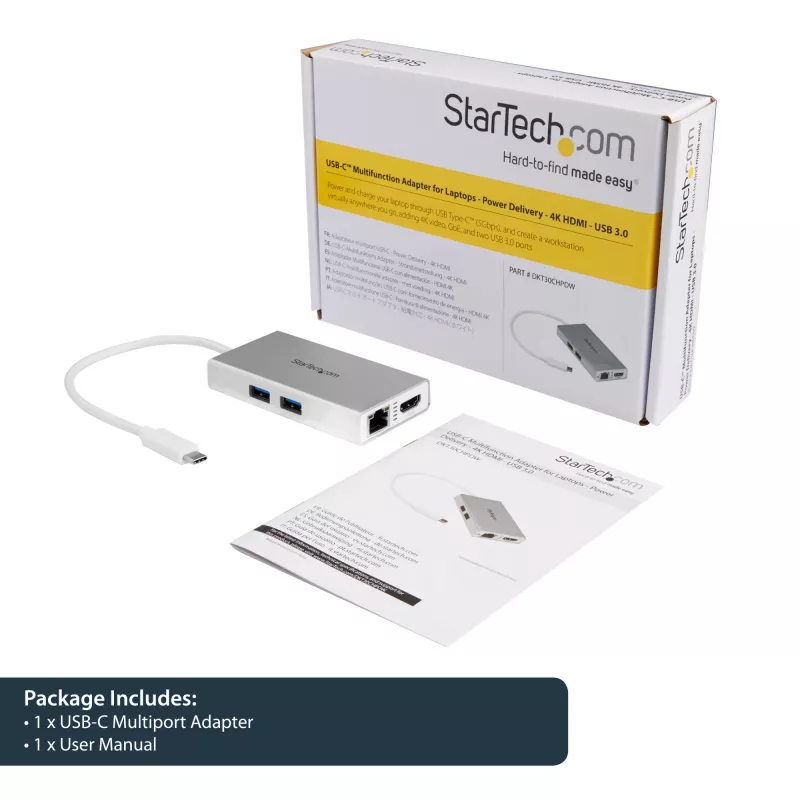 StarTech.com USB-C multipoort-adapter – USB-C travel-dockingstation met 4K HDMI – 60 W Power Delivery Pass-Through, GbE, 2-poorts USB-A 3.0 hub – draagbare mini-USB Type-C dock voor laptop – wit