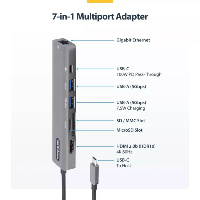 StarTech.com USB-C multipoort-adapter-hub, USB-C naar 4K 60Hz HDMI, Gigabit Ethernet en 100W laptop-laadfunctie voor Macbook Pro / Air en Windows