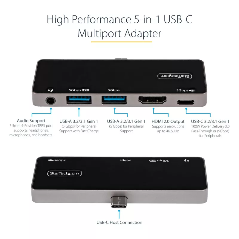 StarTech.com USB C multipoort-adapter – USB-C naar 4K 60Hz HDMI 2.0, 100W Power Delivery doorvoerladen, 3-poorts USB 3.0 hub, audio – USB-C mini-dock – draagbare USB Type-C reisdock