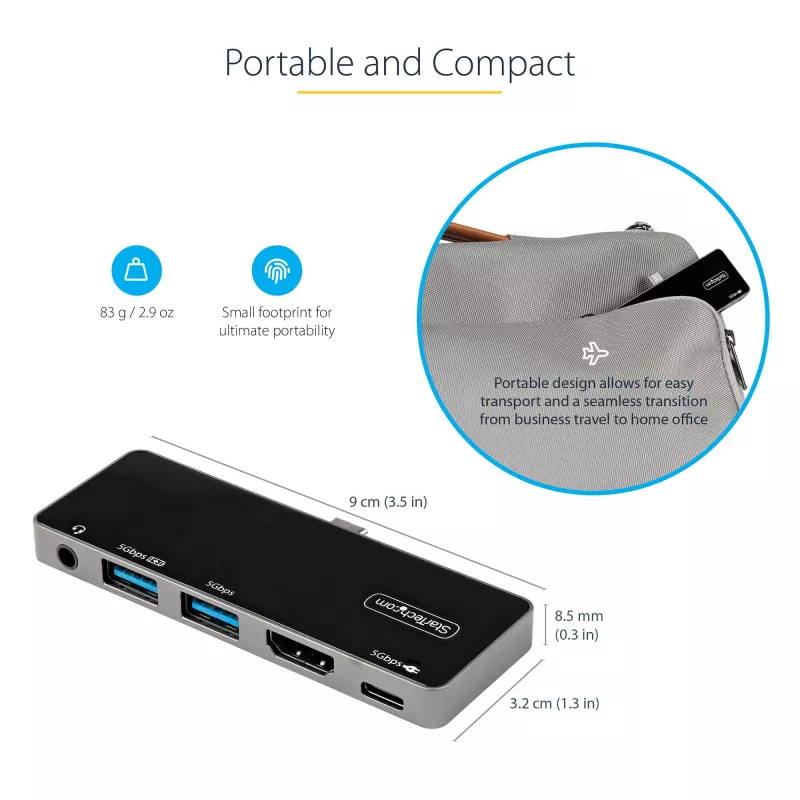 StarTech.com USB C multipoort-adapter – USB-C naar 4K 60Hz HDMI 2.0, 100W Power Delivery doorvoerladen, 3-poorts USB 3.0 hub, audio – USB-C mini-dock – draagbare USB Type-C reisdock