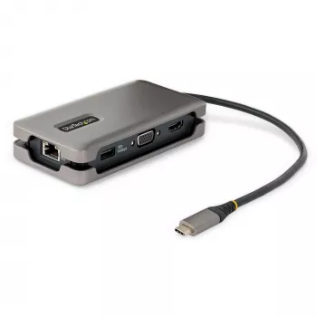 StarTech.com USB-C multipoort-adapter – HDMI/VGA – 4K 60 Hz – 3-poorts USB-hub – 100 W Power Delivery doorvoer – GbE – mini-dockingstation voor onderweg met laadfunctie – oprolbaar kabel, 30 cm