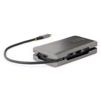 StarTech.com USB-C multipoort-adapter – HDMI/VGA – 4K 60 Hz – 3-poorts USB-hub – 100 W Power Delivery doorvoer – GbE – mini-dockingstation voor onderweg met laadfunctie – oprolbaar kabel, 30 cm