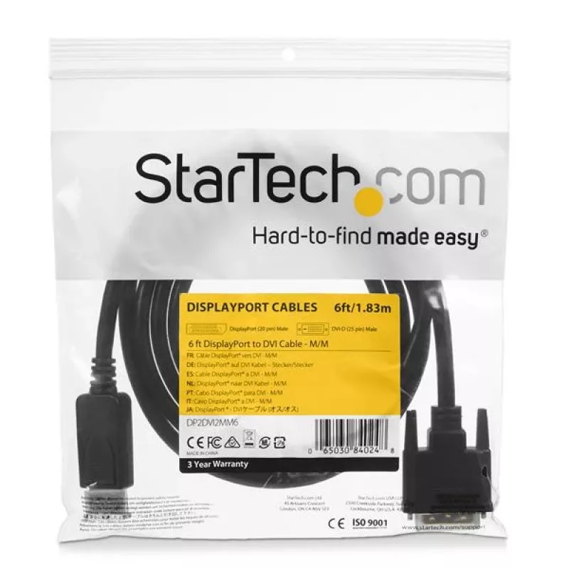StarTech.com 1,8 m DisplayPort-naar-DVI-kabel, DisplayPort-naar-DVI-adapterkabel, passieve DP-naar-DVI-D videoconverter, 1080p – vervanging voor DP2DVIMM6