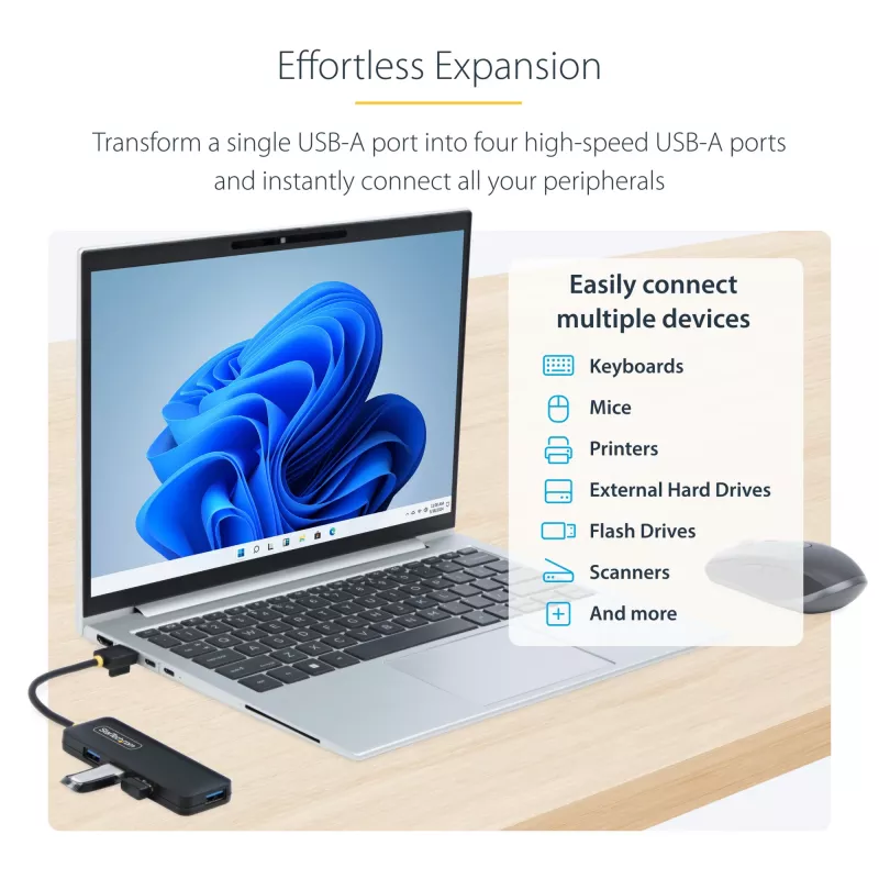 StarTech.com 4-poorts USB-A-hub, 5Gbit/s, busgevoed, compacte reis-mini-USB-hub, multi-poorts USB 3.0-splitter, draagbare USB-hub, overstroombeveiliging (OCP)