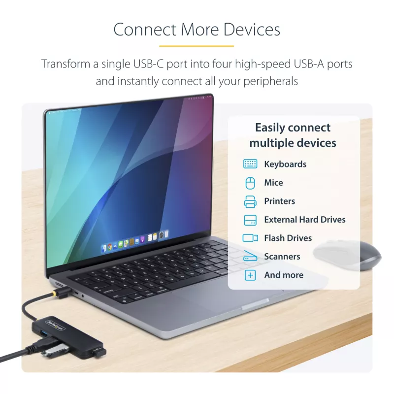 StarTech.com 4-poorts USB-C-hub, 5 Gbit/s, USB-C naar 4x USB-A, busgevoed, kleine reis-mini-hub, multi-poorts USB 3.0-splitter, draagbare hub, overstroombeveiliging