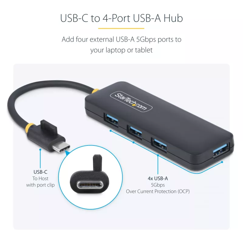 StarTech.com 4-poorts USB-C-hub, 5 Gbit/s, USB-C naar 4x USB-A, busgevoed, kleine reis-mini-hub, multi-poorts USB 3.0-splitter, draagbare hub, overstroombeveiliging