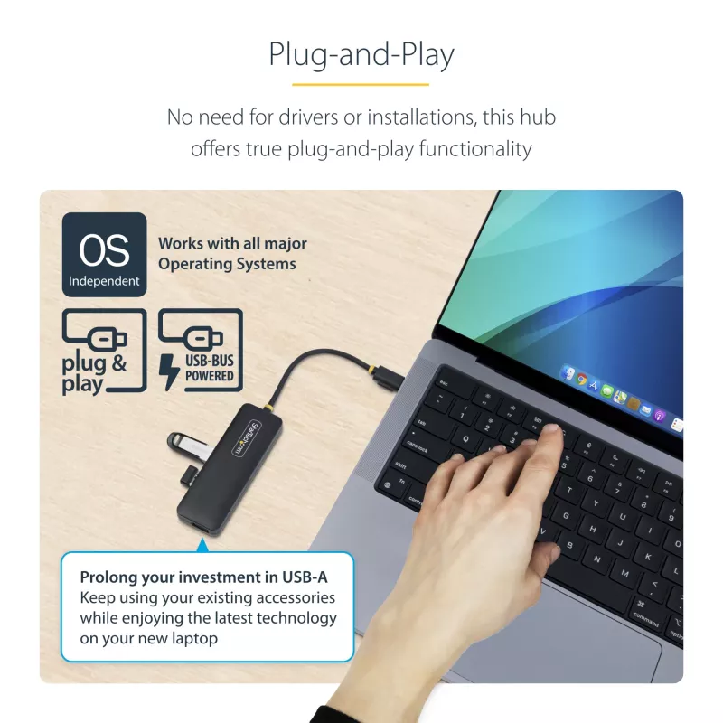 StarTech.com 4-poorts USB-C-hub, 5 Gbit/s, USB-C naar 4x USB-A, busgevoed, kleine reis-mini-hub, multi-poorts USB 3.0-splitter, draagbare hub, overstroombeveiliging