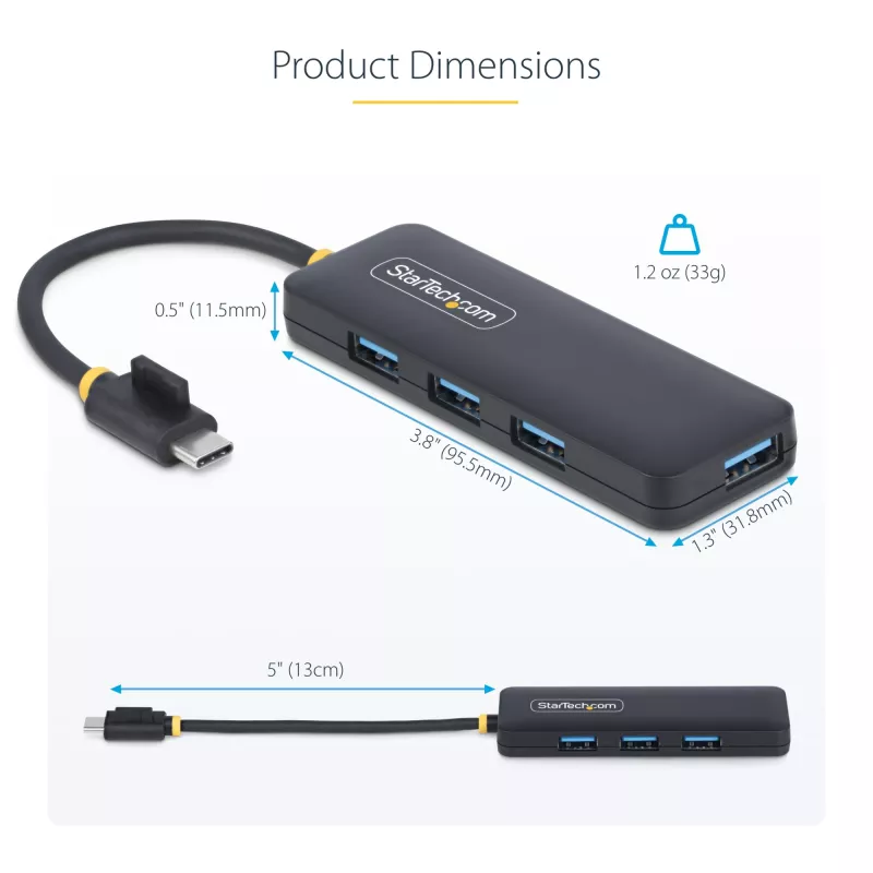 StarTech.com 4-poorts USB-C-hub, 5 Gbit/s, USB-C naar 4x USB-A, busgevoed, kleine reis-mini-hub, multi-poorts USB 3.0-splitter, draagbare hub, overstroombeveiliging
