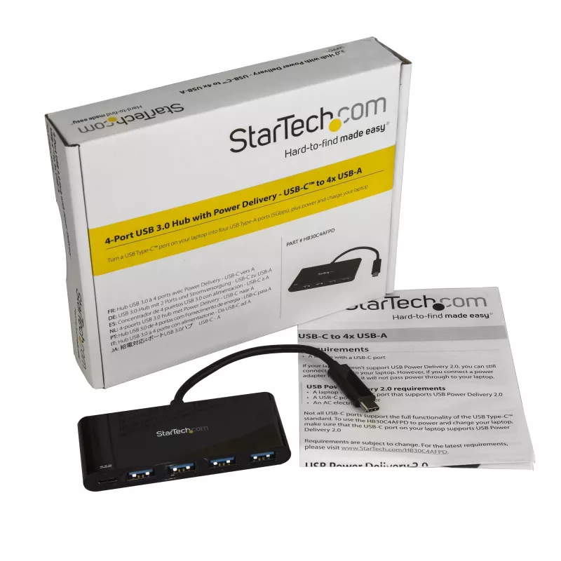 StarTech.com HB30C4AFPD 4-poorts USB-C-hub, USB-C naar 4x USB-A, USB 3.0 SuperSpeed 5Gbps, Power Delivery 2.0