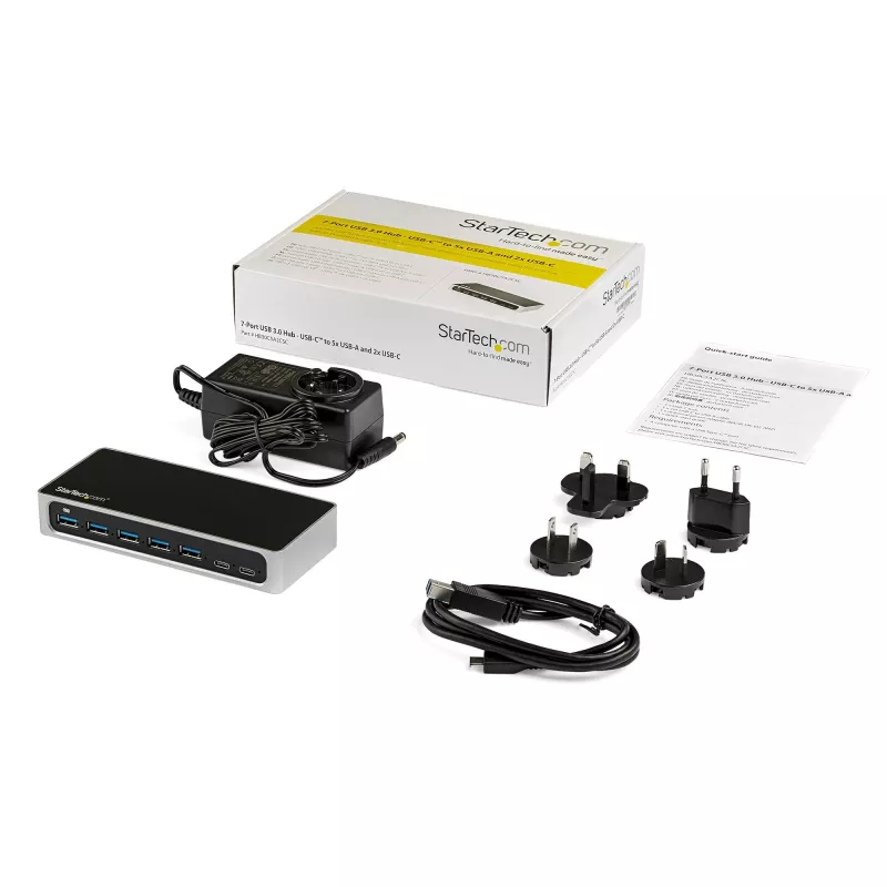 StarTech.com HB30C5A2CSC 7-poorts USB-C-hub, USB-C naar 5x USB-A + 2x USB-C, USB 3.0, snellaadpoort, met voeding