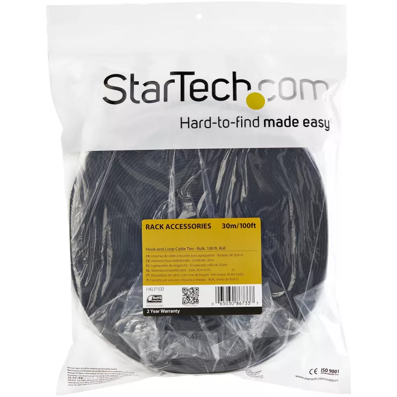 StarTech.com 100 ft klittenbandrol – herbruikbare kabelbinders om op maat te knippen – industrieel kabelbevestigingsband in grootverpakking / verstelbare stofwikkel zwart / herbruikbare zelfklevende kabelmanagementbanden