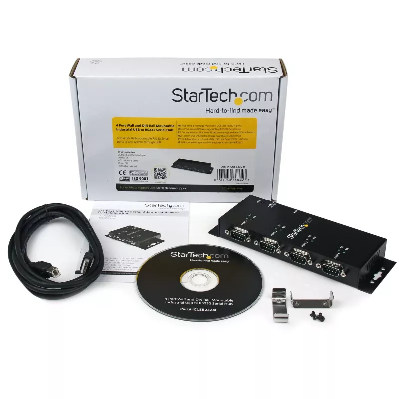StarTech.com 4-poorts USB naar DB9 RS232 seriële adapter hub – industriële DIN-rail- en wandmontage