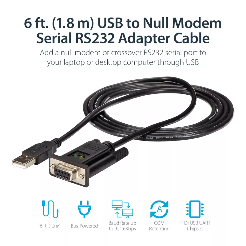 StarTech.com ICUSB232FTN 1-poorts USB-naar-nulmodem RS232 DB9 serieel DCE-adapterkabel, FTDI, USB 2.0, zwart