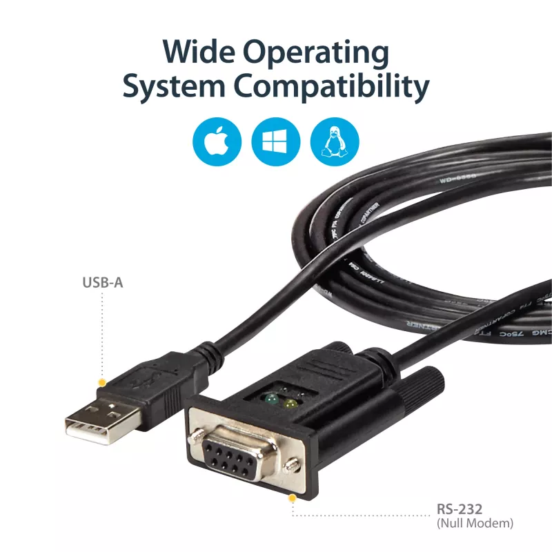 StarTech.com ICUSB232FTN 1-poorts USB-naar-nulmodem RS232 DB9 serieel DCE-adapterkabel, FTDI, USB 2.0, zwart