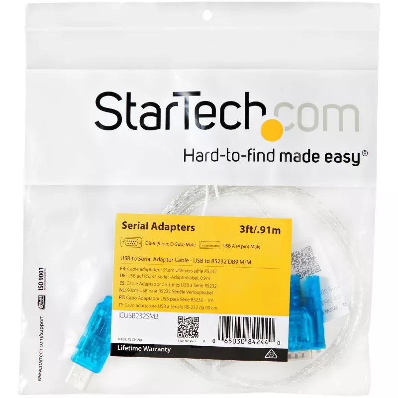StarTech.com 3ft (91 cm) 1-poorts USB-naar-RS232-DB9-seriële adapterkabel, USB-naar-seriële adapterkabel – M/M