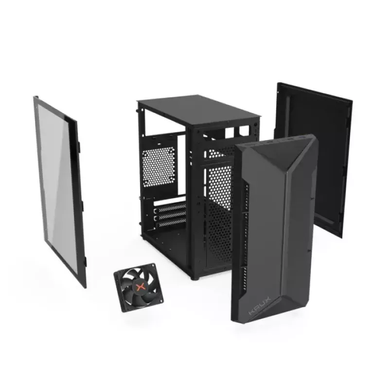 PC-behuizing KRUX Astro Cube zwart — cube-chassis, ondersteunt Micro ATX/Mini-ITX, 1× 3,5 inch + 2× 2,5 inch bays, zijvenster, max. voeding 28 cm, max. koelerhoogte 136 mm