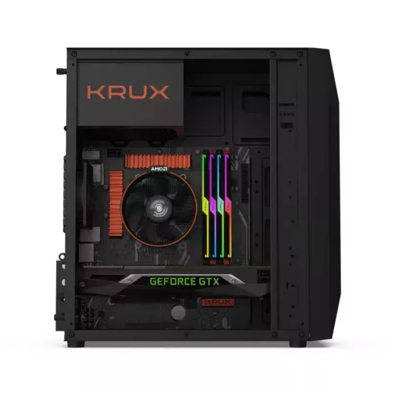 PC-behuizing KRUX Astro Cube zwart — cube-chassis, ondersteunt Micro ATX/Mini-ITX, 1× 3,5 inch + 2× 2,5 inch bays, zijvenster, max. voeding 28 cm, max. koelerhoogte 136 mm