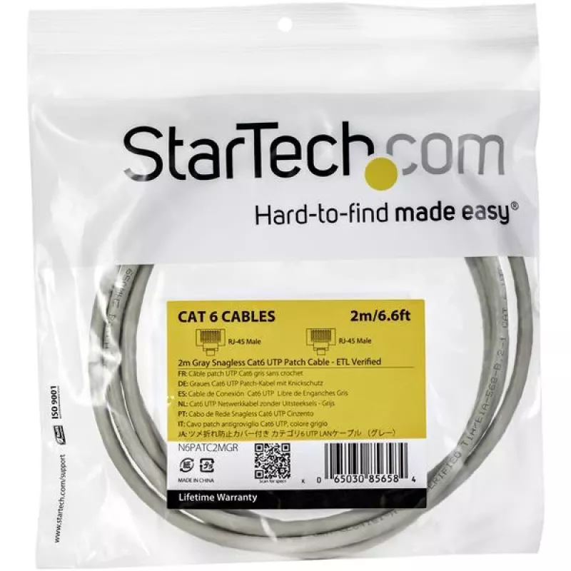 StarTech.com 2 m CAT6 ethernetkabel – grijs, CAT-6-gigabit-ethernetkabel – 250 MHz, 100 W PoE, RJ45, UTP, netwerk-/patchkabel, snagless met trekontlasting, individueel getest
