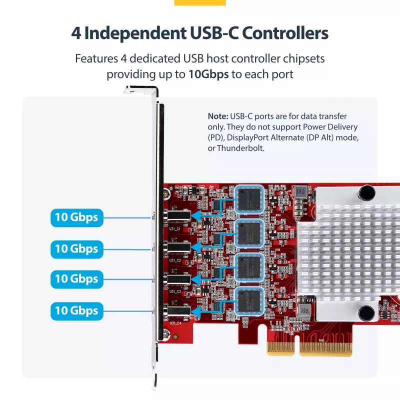 StarTech.com 4-poorts USB Type-C PCIe-kaart, USB 3.2 10Gbps, USB-C PCI Express-uitbreidingskaart, 4x onafhankelijke USB-controllers, Windows/Linux/macOS, TAA-conform